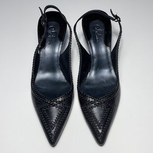Cole Haan Black Leather and Patent Stitched Design Slingbacks